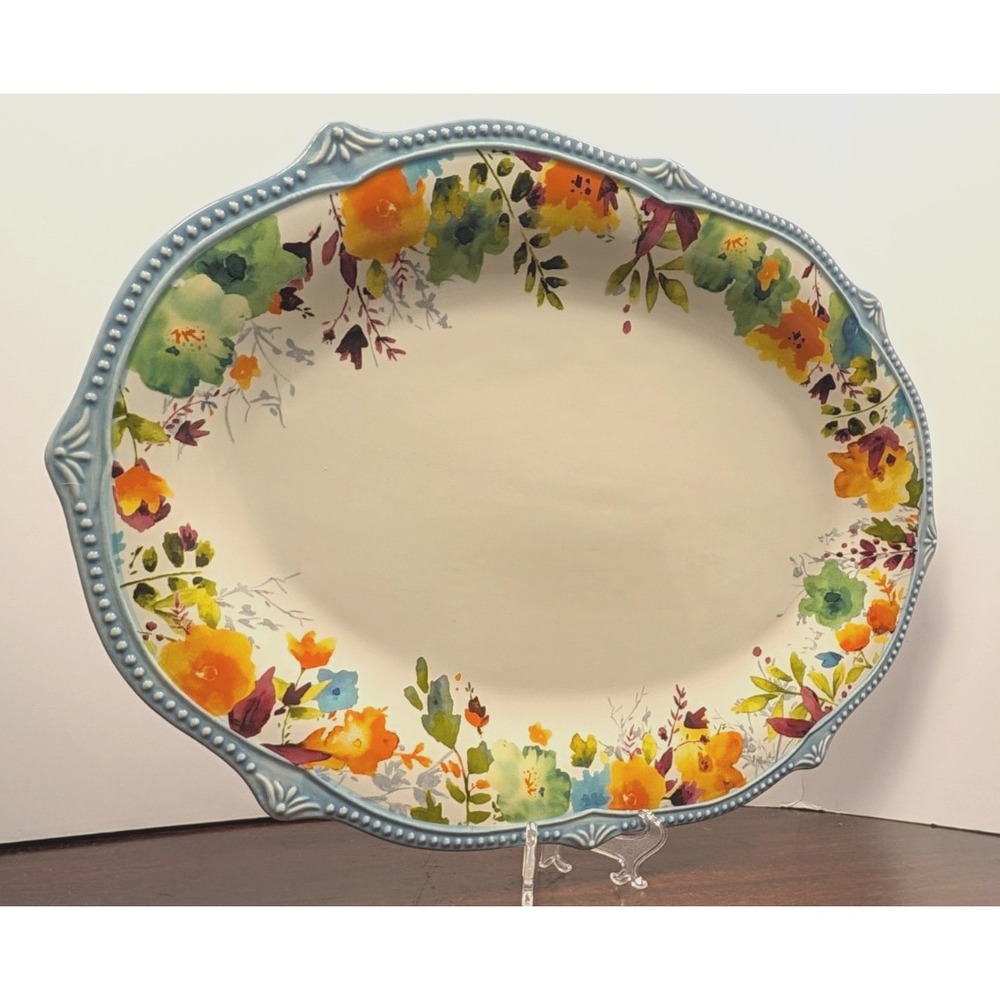 Pioneer Woman Paige Turquoise Vintage Floral Oval Serving Platter 21" Scalloped